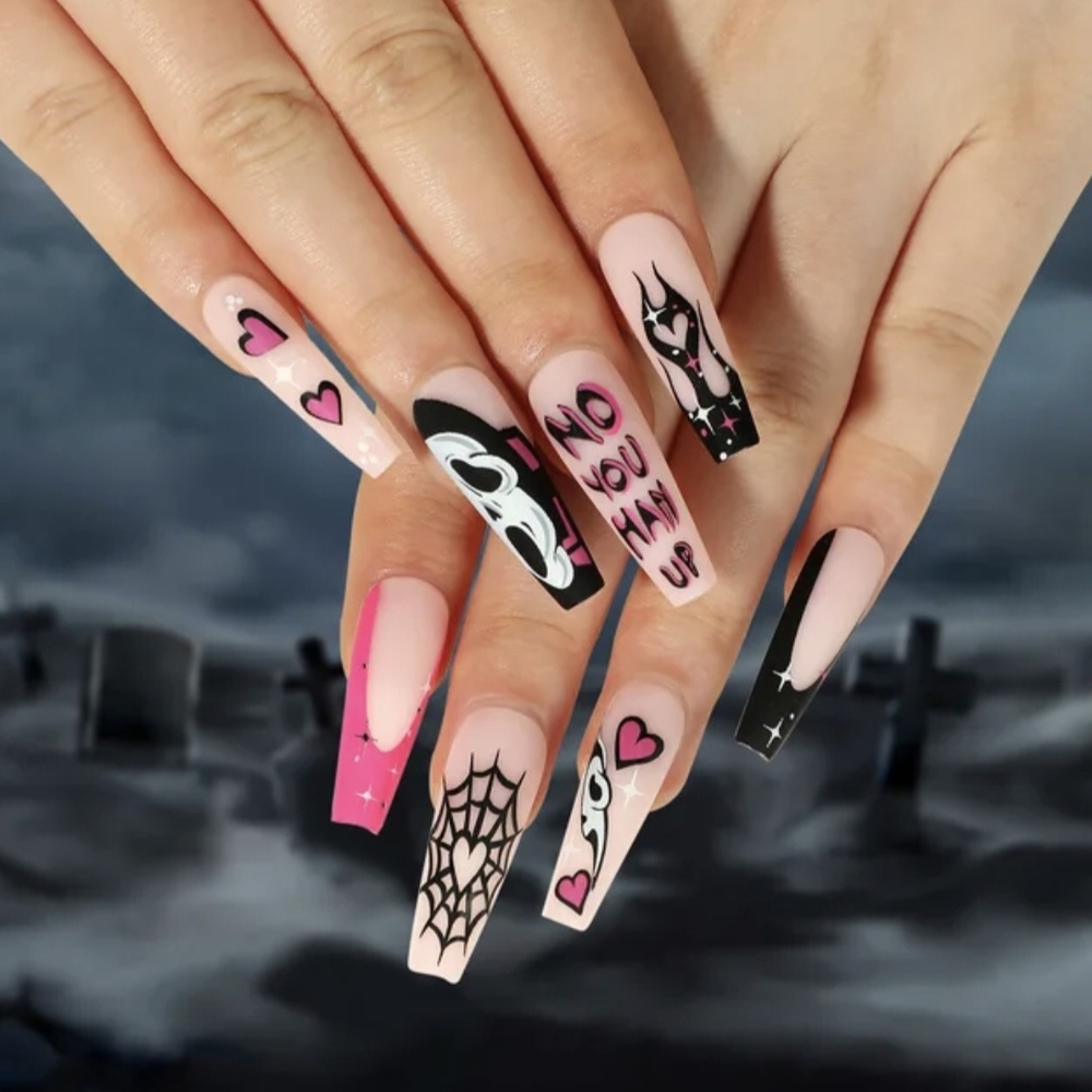 Pink and Black Halloween Nail Art Set